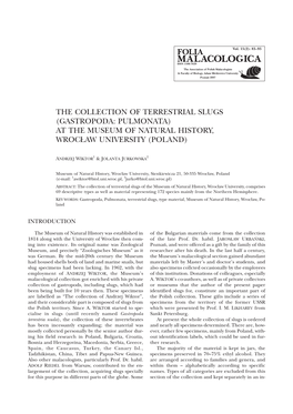 The Collection of Terrestrial Slugs (Gastropoda: Pulmonata) at the Museum of Natural History, Wroc£Aw University (Poland)