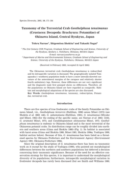 Taxonomy of the Terrestrial Crab Geothelphusa Tenuimanus (Crustacea: Decapoda: Brachyura: Potamidae) of Okinawa Island, Central Ryukyus, Japan