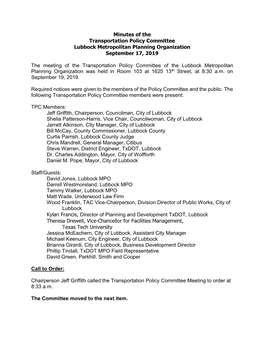 Minutes of the Transportation Policy Committee Lubbock Metropolitan Planning Organization September 17, 2019