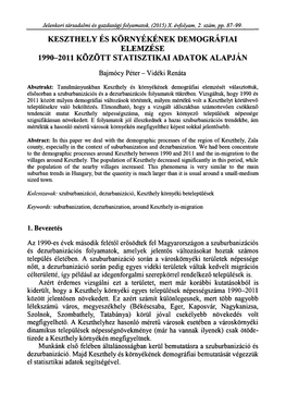 Keszthely És Környékének Demográfiai Elemzése 1990-2011 Között Statisztikai Adatok Alapján