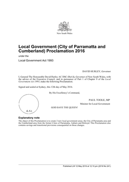 Local Government (City of Parramatta and Cumberland) Proclamation 2016 Under the Local Government Act 1993