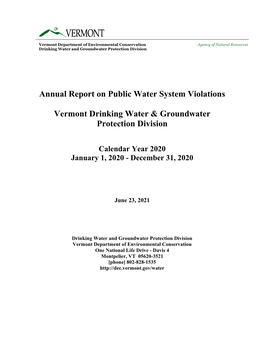 2020 Annual Report on Public Water System Violations for the State of Vermont by Accessing