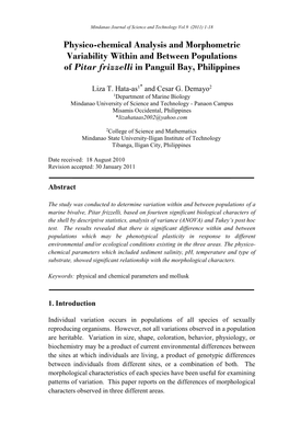 Physico-Chemical Analysis and Morphometric Variability Within and Between Populations of Pitar Frizzelli in Panguil Bay, Philippines