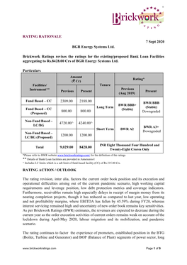 RATING RATIONALE 7 Sept 2020 BGR Energy Systems Ltd