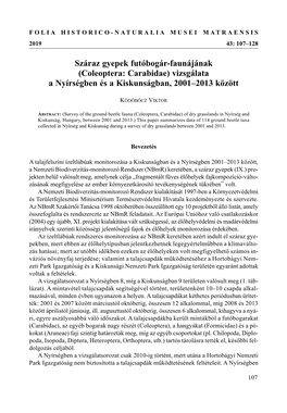 Száraz Gyepek Futóbogár-Faunájának (Coleoptera: Carabidae) Vizsgálata a Nyírségben És a Kiskunságban, 2001–2013 Között