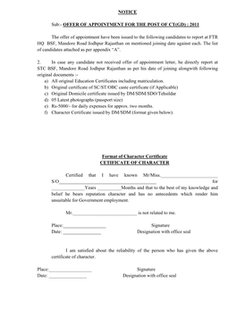 Offer of Appointment for the Post of Ct(Gd) : 2011
