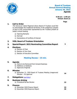 Board of Trustees Annual General Meeting January 30, 2021 Agenda