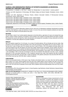 Clinical and Demographic Profile of Patients Diagnosed As Bronchial Asthma in a Tertiary Care Centre 1 2 3 4 5 6 7 R