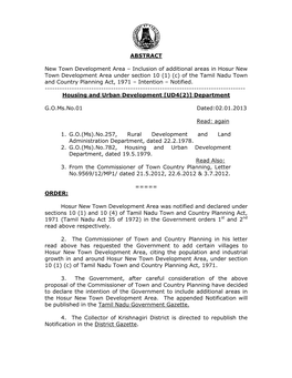 Inclusion of Additional Areas in Hosur New Town Development Area Under Section 10 (1) (C) of the Tamil Nadu Town and Country Planning Act, 1971 – Intention – Notified