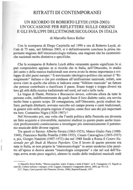 UN RICORDO DI ROBERTO LEYDI (1928-2003): UN'occasione PER RIFLETTERE SULLE ORIGIN! E GLI SVILUPPI DELCETNOMUSICOLOGIA in ITALIA Di Marcello Sorce Keller