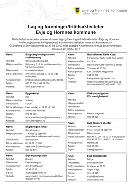 Lag Og Foreninger/Fritidsaktiviteter Evje Og Hornnes Kommune