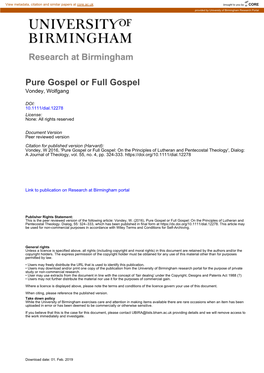 Pure Gospel Or Full Gospel Vondey, Wolfgang
