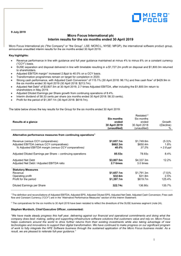 Micro Focus International Plc Interim Results for the Six Months Ended 30 April 2019