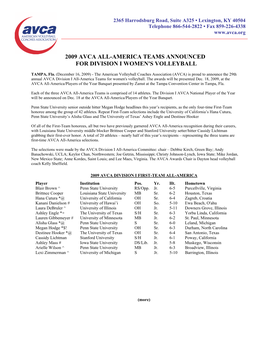 2009 Avca All-America Teams Announced for Division I Women's Volleyball