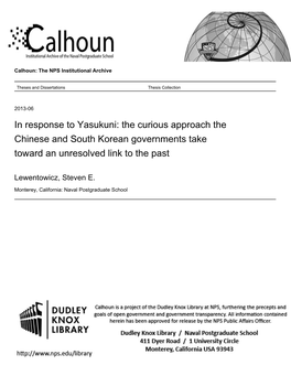 In Response to Yasukuni: the Curious Approach the Chinese and South Korean Governments Take Toward an Unresolved Link to the Past