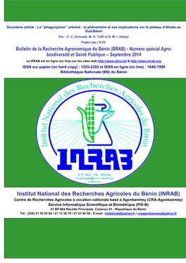 Institut National Des Recherches Agricoles Du Bénin (INRAB) Centre De Recherches Agricoles À Vocation Nationale Basé À Agonkanmey (CRA-Agonkanmey)