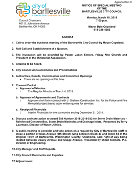 Notice of Special Meeting of the Bartlesville City Council