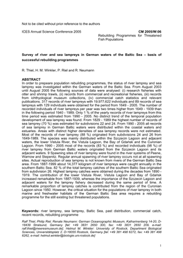 Survey of River and Sea Lampreys in German Waters of the Baltic Sea – Basis of Successful Rebuilding Programmes. ICES CM 2005