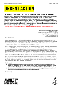 India: Administrative Detention for Facebook Posts: Kishorchandra Wangkhem