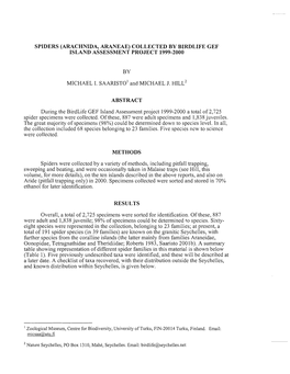 Spiders (Arachnida, Araneae) Collected by Birdlife Gef Island Assessment Project 1999-2000
