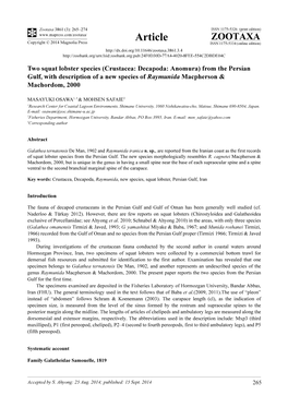 Two Squat Lobster Species (Crustacea: Decapoda: Anomura) from the Persian Gulf, with Description of a New Species of Raymunida Macpherson & Machordom, 2000