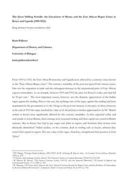 The Great Shilling Swindle: the Circulation of Money and the East African Rupee Crises in Kenya and Uganda (1905-1923)