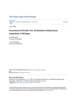 Occurrence of the Bat Tick, Ornithodoros Kelleyi (Acari: Argasidae), in Michigan