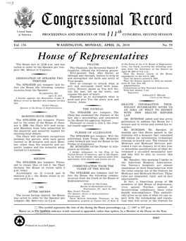 Congressional Record United States Th of America PROCEEDINGS and DEBATES of the 111 CONGRESS, SECOND SESSION