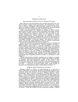 FREEDOM of RELIGION International and Chinese Law on Religious Freedom Both Chinese and International Law Provide Guarantees for Reli- Gious Freedom