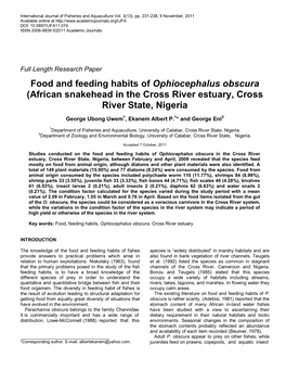 Food and Feeding Habits of Ophiocephalus Obscura (African Snakehead in the Cross River Estuary, Cross River State, Nigeria