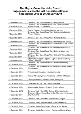 The Mayor, Councillor John Crouch Engagements Since the Last Council Meeting on 5 December 2018 to 30 January 2019