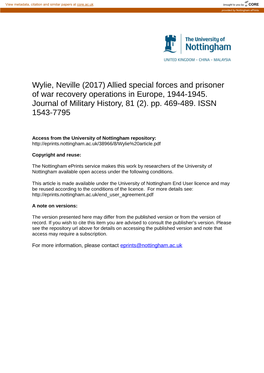 Wylie, Neville (2017) Allied Special Forces and Prisoner of War Recovery Operations in Europe, 1944-1945. Journal of Military History, 81 (2)