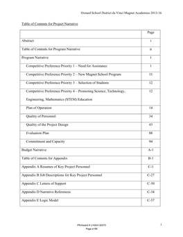 I Table of Contents for Project Narrative Page Abstract I Table Of