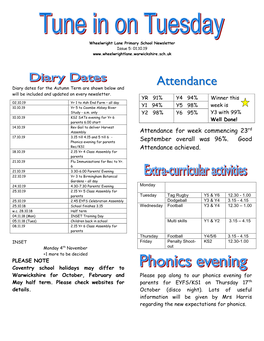 Attendance for Week Commencing 23 17.10.19 3.15 Till 4.15 and 5 Till 6 - Phonics Evening for Parents September Overall Was 96%