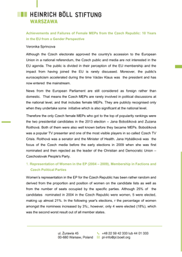 Achievements and Failures of Female Meps from the Czech Republic: 10 Years in the EU from a Gender Perspective