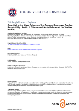 Climate and Mass Balance of the Vavilov Ice Cap', Arctic, Antarctic, and Alpine Research, Vol