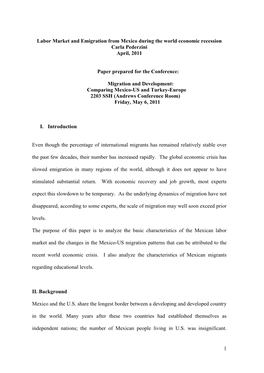 Labor Market and Emigration from Mexico During the World Economic Recession Carla Pederzini April, 2011