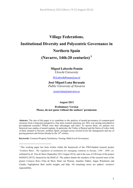 Village Federations. Institutional Diversity and Polycentric Governance in Northern Spain (Navarre, 14Th-20 Centuries) 1