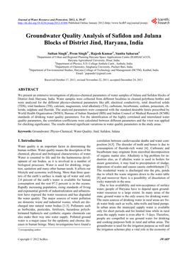 Groundwater Quality Analysis of Safidon and Julana Blocks of District Jind, Haryana, India