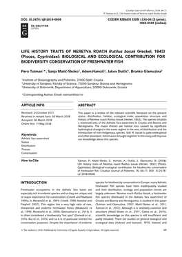 Life History Traits of Neretva Roach Rutilus Basak ( )*+ ,