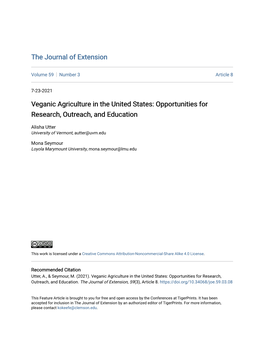 Veganic Agriculture in the United States: Opportunities for Research, Outreach, and Education