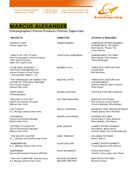 MARCUS ALEXANDER Stereographer/Stereo Producer/Stereo Supervisor