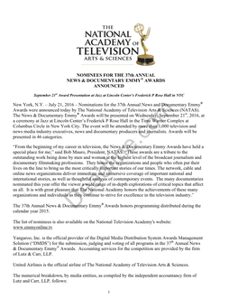Documentary Emmy® Awards Announced
