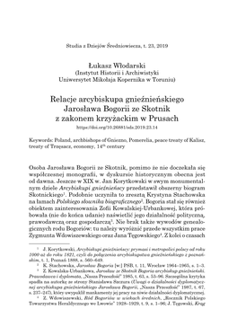 Relacje Arcybiskupa Gnieźnieńskiego Jarosława Bogorii Ze Skotnik Z Zakonem Krzyżackim W Prusach