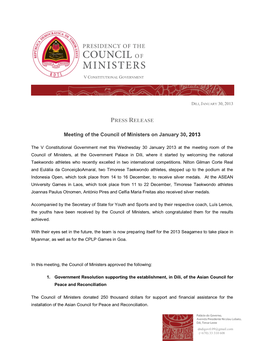 PRESS RELEASE Meeting of the Council of Ministers on January 30