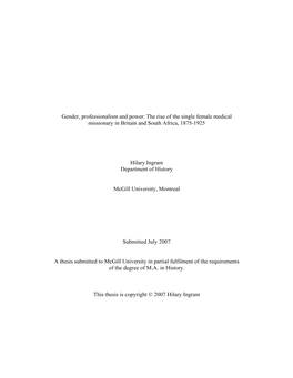 The Rise of the Single Female Medical Missionary in Britain and South Africa, 1875-1925