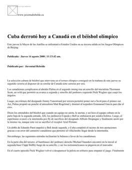 Cuba Derrotó Hoy a Canadá En El Béisbol Olímpico