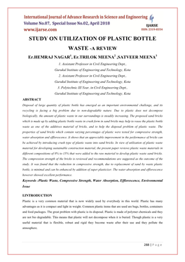 STUDY on UTILIZATION of PLASTIC BOTTLE WASTE -A REVIEW Er.HEMRAJ NAGAR1, Er.TRILOK MEENA2 ,SATVEER MEENA3 1