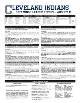 LEVELAND INDIANS 2017 MINOR LEAGUE REPORT - August 11