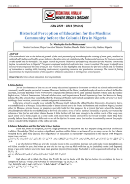 Historical Perception of Education for the Muslims Community Before the Colonial Era in Nigeria